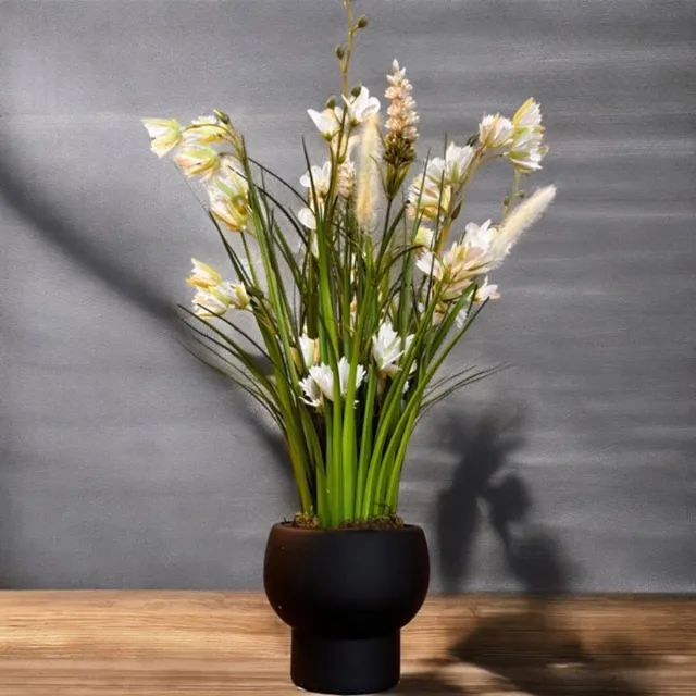 Seta Fiori Zijden kunstbloemen- Mat zwart Keramiek trendy pot met Kunstbloemen Grasboeket – 50 cm Hoog Wit