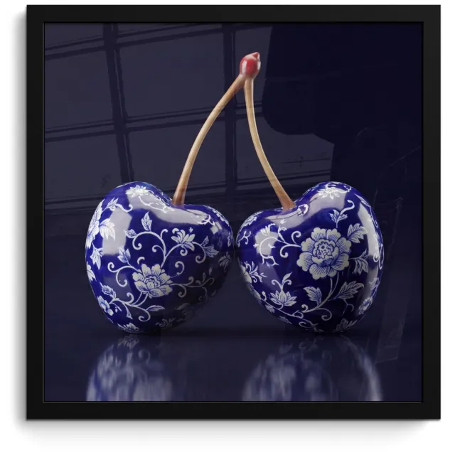 FrameYourWall Poster in lijst - Fotolijst 40x40 cm - Posters - Porselein- Kersen - Delfts - Blauw - Posterlijst zwart - Decoratie - Wanddecoratie woonkamer - Muurdecoratie slaapkamer