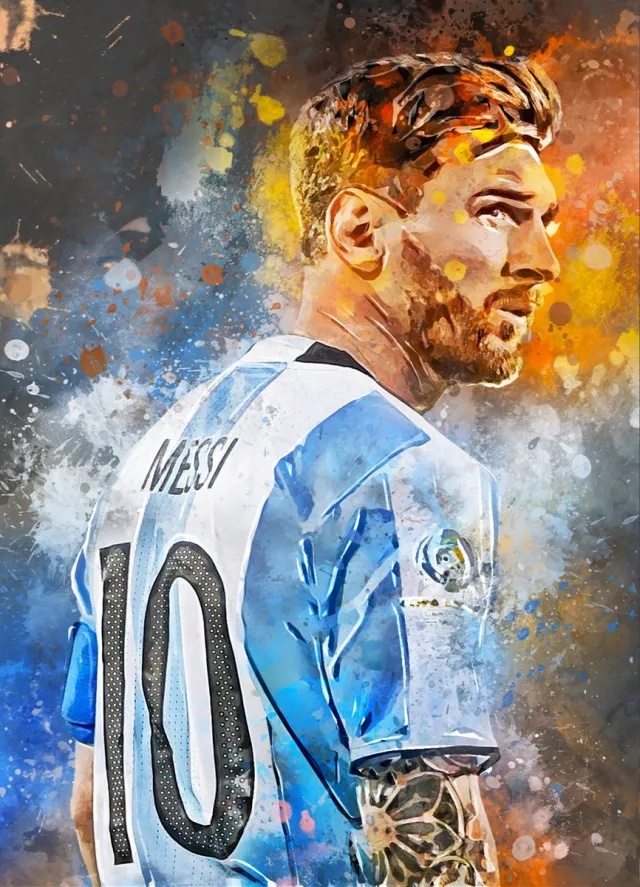 Messi poster - Voetbal wanddecoratie Lionel Messi - A1 poster - 59.4x84 cm - Semi glossy fotopapier - Voetbal fan poster - Unieke poster van Messi in Argentijns tenue Donkergrijze achtergrondkleur