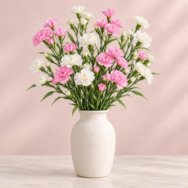 Mica Decorations Boeket Kunstbloemen - Anjers - H71 cm - roze en wit - 8x stelen - met kleine bloemetjes en bladeren Lichtroze