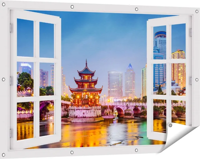 Gards Tuinposter Doorkijk Rivier bij Stad Guiyang in China - 120x80 cm - Tuindoek - Tuindecoratie - Wanddecoratie buiten - Tuinschilderij Wit