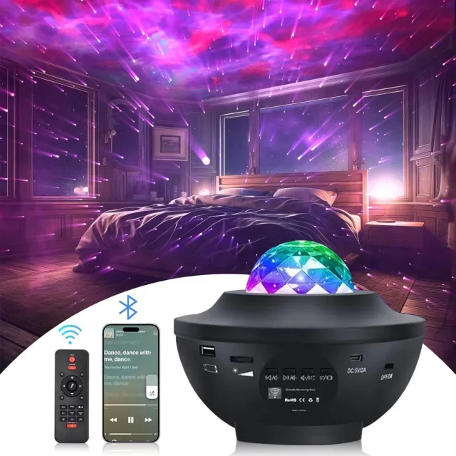 oneay Sterrenhemelprojector met LED-nachtlampje met oceaangolven, inclusief afstandsbediening, van kleur veranderende muziek, Bluetooth-luidspreker en timer, geschikt voor beginners. Zwart