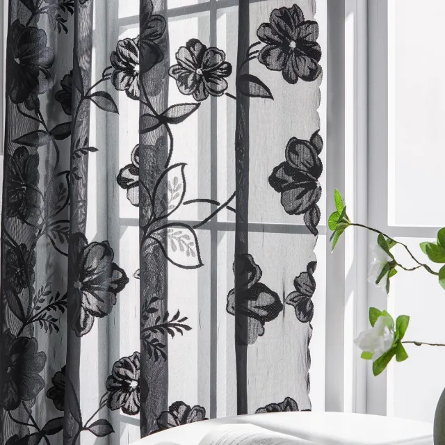 Ibenzoa Klassieke Zwarte Jacquard Kanten Gordijnen met 3D Bloemenpatroon en Oogjes, Set van 2 Stuks