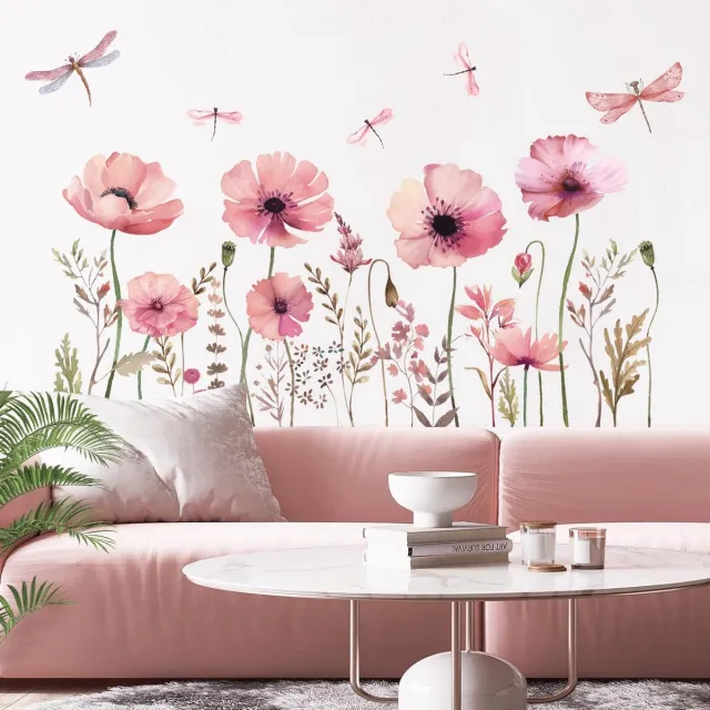 Ibenzoa Muurdecoratie sticker met roze bloemen en libelle voor diverse ruimtes