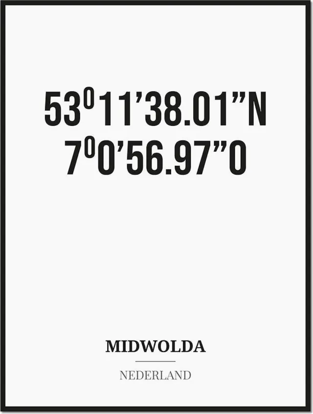 Studio216 Poster/kaart MIDWOLDA met coördinaten zwart, wit