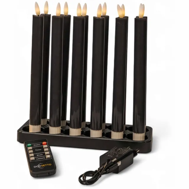 Dorsetto Led dinerkaarsen zwart, oplaadbaar, tot 400 uur brandduur, set van 12