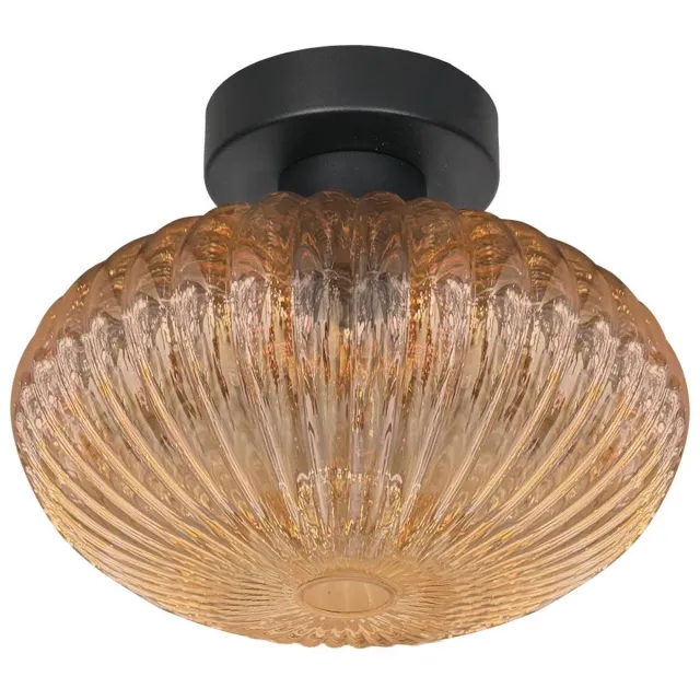 Mexlite Plafonnieres Aurelio 4236ZW - Amberkleurig ufo ribbelglas, zwart metaal - Mexlite - Trendy plafondlamp voor binnen, geschikt voor E27 lampen Oranje / Zwart