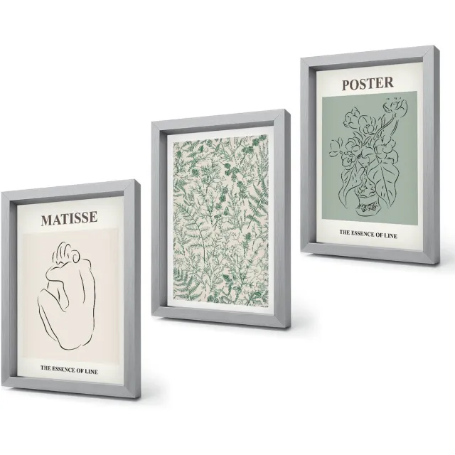 Coloray 4-Delige Schilderij Set - Lijnen en plantmotieven in een minimalistische stijl. - 20 x 30 cm - Muurdecoratie - Interieur Decoratie Zilveren lijst