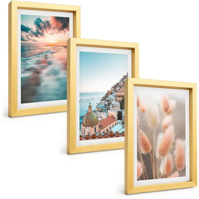 TULUP 4-Delige Schilderij Set - Uitzicht op zee, zonsondergang, kleurrijke huizen, bloemen - 20 x 30 cm - Decoratieve Muurdecoratie - Slaapkamer - Stijlvolle Muurdecoratie Gouden lijst