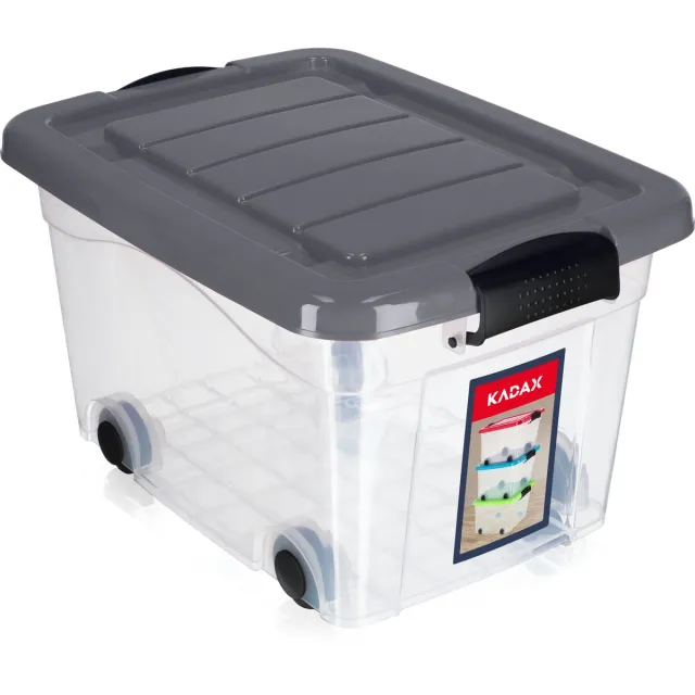 KADAX Kunststof container met wieltjes, opbergdoos van kunststof, organizer met deksel, clipbox voor speelgoed, opbergdoos met kliksluiting (20 l, grijs)