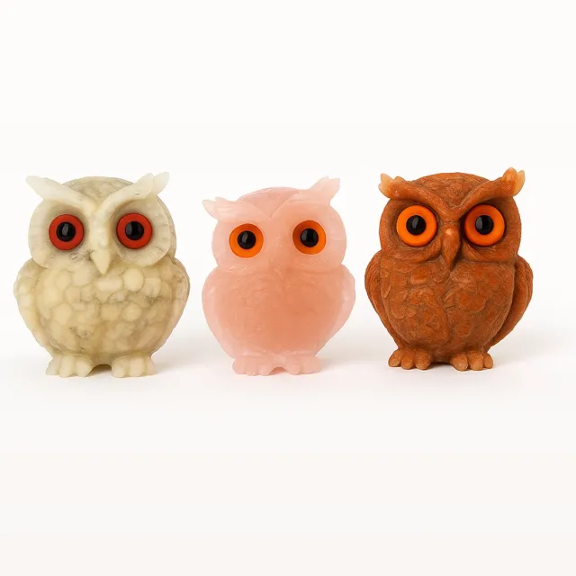 S4H Set van 3 Edelsteen Uilen | Rode Jaspis, Howliet & Rozenkwarts – Bescherming, Rust & Liefde