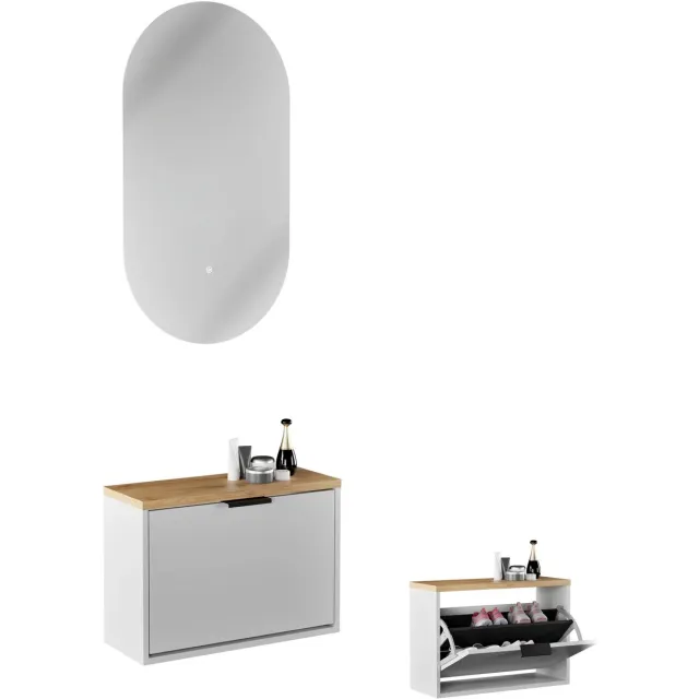 Planetmöbel STIVIO - Schoenenkast 60 cm met LED-spiegel - Wit grijs - 2-delig - Slechts 23 cm diep