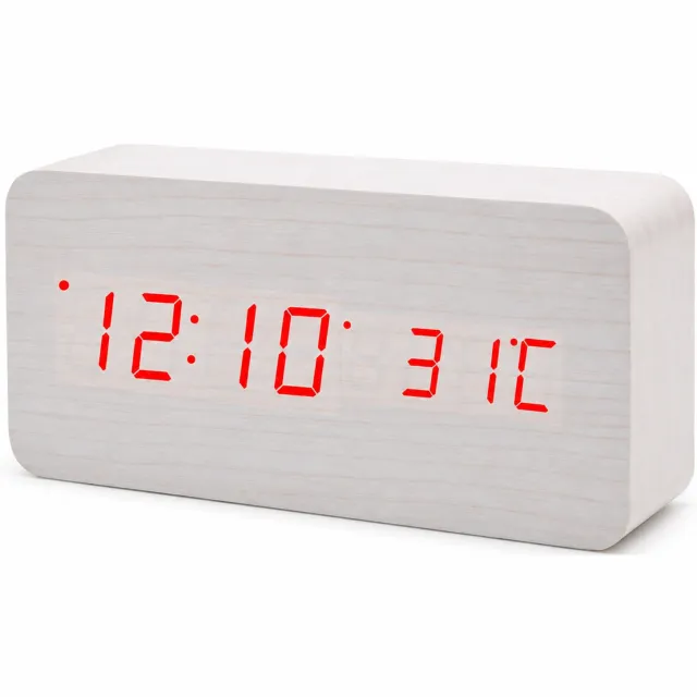 SWGOTA wekker - Rood digitaal LED-display met temperatuur - Witte rechthoekige houten behuizing - Batterij- of USB-voeding