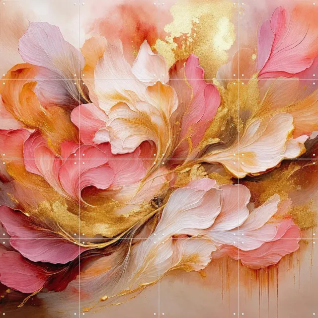 IXXI Fluisterende Bloemen, Moonheart Artworks - 80 x 80 cm - Grote wanddecoratie en posters - Abstract, Olieverf, Woonkamer, Gang, Slaapkamer Roze / Goud