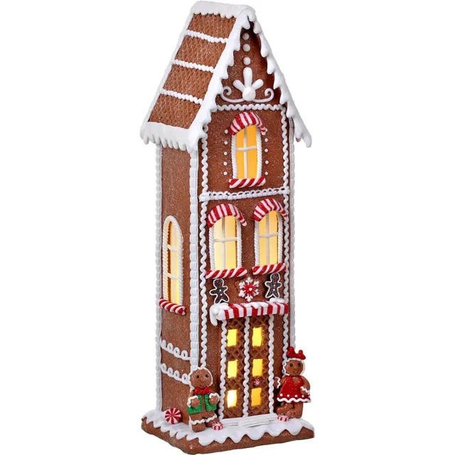 Viv! Christmas Kerstbeeld - Hoog Gingerbread Huis van Klei incl. LED Verlichting - rood wit bruin - 43cm