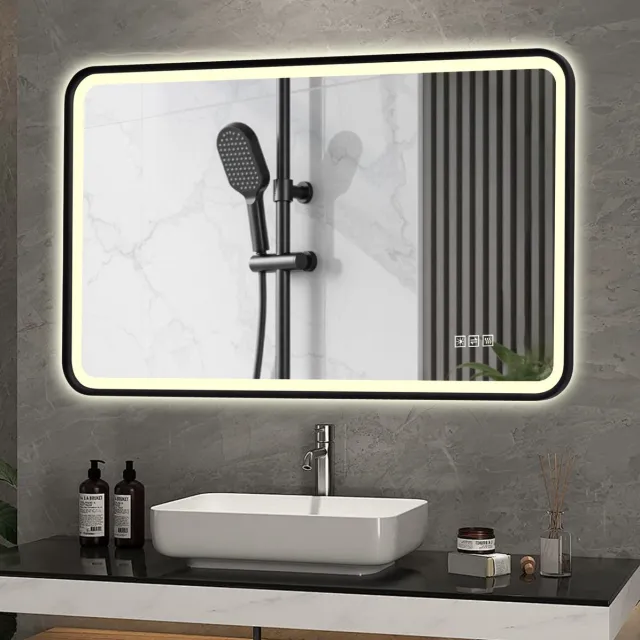 FloraGrace Spiegel – LED Badkamerspiegel – 70 x 90 cm – Aluminium En Gehard Glas – Zwart – Wandmontage – Anti Condens En IP44