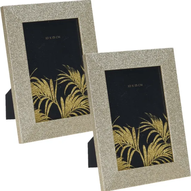 Home & Styling 2x stuks houten fotolijst met gouden glitters 14 x 19 cm geschikt voor een foto van 10 x 15 cm Goudkleurig