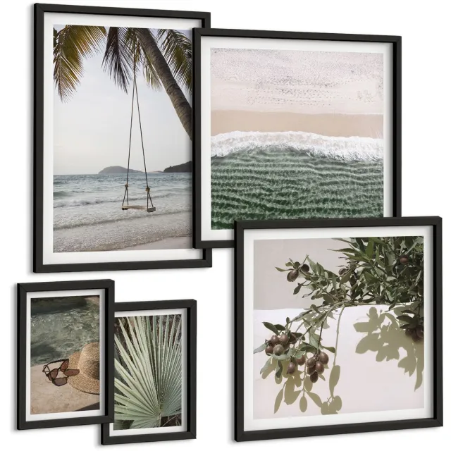 Coloray 5-Delige Schilderij Set - Tropische Stranden, Ontspanning En Natuur In Harmonie. - 50 x 50 cm, 20 x 30 cm En 40 x 60 cm - Muurdecoratie - Schilderijen Set - Woonkamer Zwarte lijst