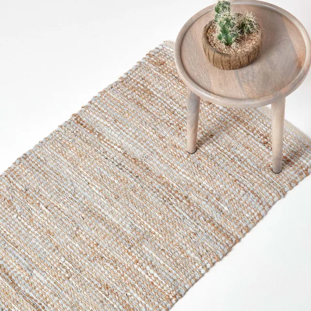 Homescapes Madras natuurloper – handgeweven tapijt van hennep en gerecycled leer, 66x200 cm Natuurlijk