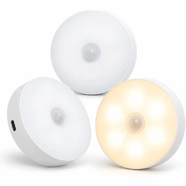 Bobypet Ledverlichting - Bewegingssensor - 3 stuks - Rond - Draadloos - Oplaadbaar - USB C - Nachtlamp - Warm licht - Sensor - Kastverlichting - Trapverlichting - Nachtlampje Wit