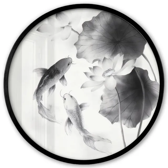 FrameYourWall Poster in lijst Rond - Fotolijst 40x40 cm - Posters - Lotusbloemen - Vissen - Bladeren - Zwart - Ronde posterlijst zwart - Decoratie - Wanddecoratie woonkamer - Muurdecoratie slaapkamer