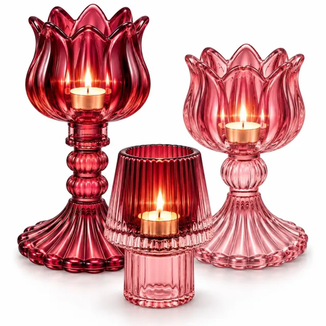 Winq Waxinelichthouders S/3-Glaskandelaren in Bordeaux met Pink