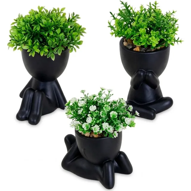 NUVEX Groene kunstplanten in zwarte figuur potten 3 stuks – mini kunst planten met groene bladeren en witte bloemen – decoratieve nep planten voor woonkamer kantoor bureau tafel kast en boekenplank