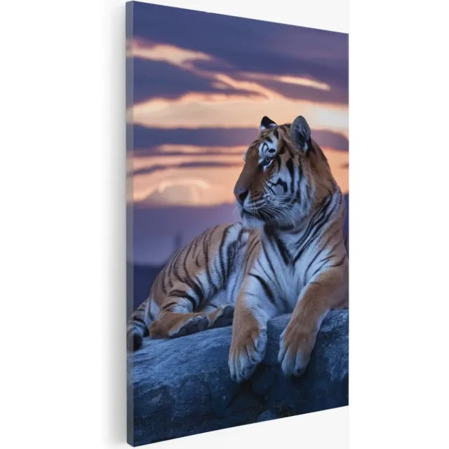 Saammp Canvas Schilderij - Tijger op rots in zonsondergang - Natuur - Dieren - 50x70 - Foto op canvas - Wanddecoratie - Muurdecoratie Woonkamer - Slaapkamer decoratie - Canvas Print Multicolor