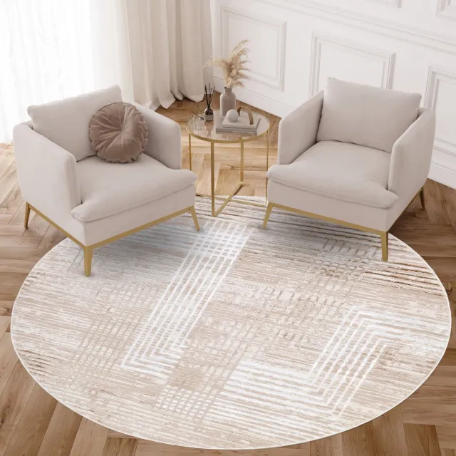 Tapiso Crystal Rond Vloerkleed Beige Wit Lijnen Laagpolig Woonkamer Tapijt