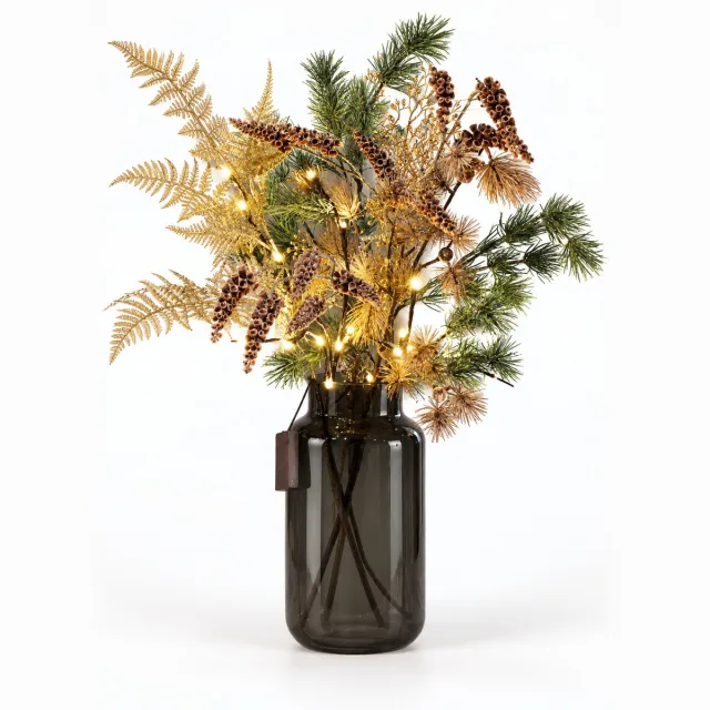 Bloemen & Zo Bloemenjunkie - Kunstbloemen Boeket - Verlicht Kerstboeket - Zijden Bloemen - Kunstboeket met Lichtjes - 75 cm Hoog - Luxe & Onderhoudsvrij - Kerstdecoratie Goud, groen, bruin,