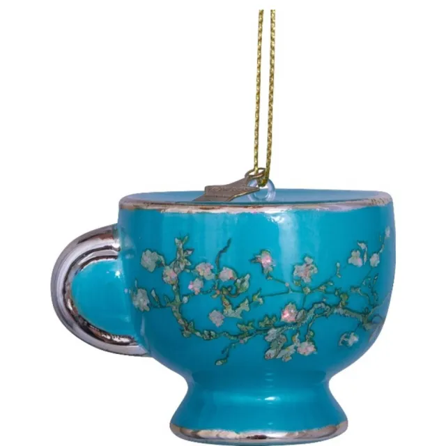 Vondels kerstornament glas Van Gogh bloesem blauw theekopje H6cm