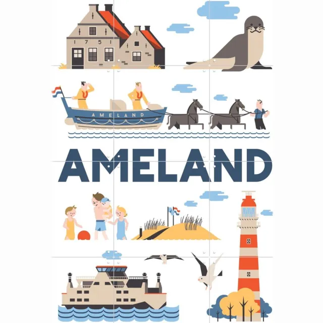 IXXI Ameland, Jochem Coenen & Kunst in Kaart - 60 x 80 cm - Grote wanddecoratie en posters - Kleurrijk, Speels, Grafisch Ontwerp, Illustraties Blauw