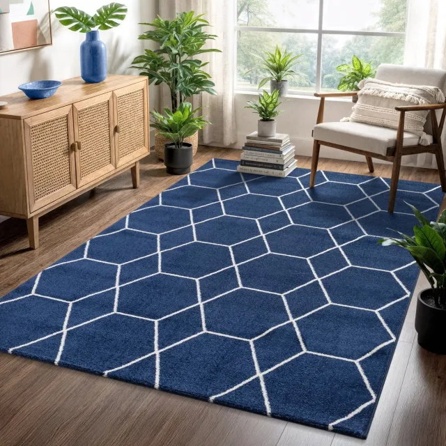 Muratap Trellis Uni Laagpolig Vloerkleed Donkerblauw- 120x170 CM