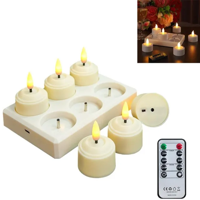 Relaxdays Zes oplaadbare LED-theelichtjes met afstandsbediening en timer, geschikt voor feestruimtes, woonkamers, Halloween en kerstdecoratie. Afmetingen: 14,6 x 5,8 cm. Wit