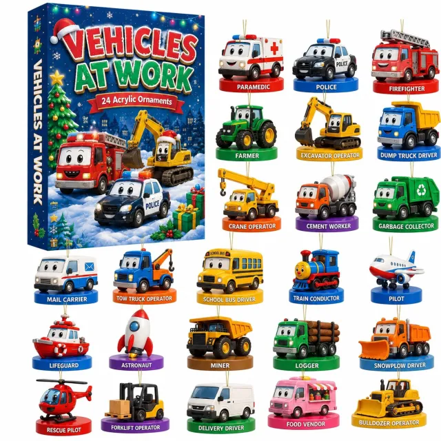 SWGOTA Adventskalender met 24 platte hangers met cartoonvoertuigen, kerstdecoratie in papieren doos Blauw