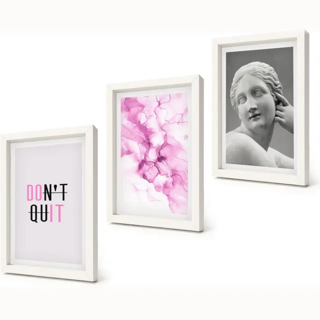 Coloray 3-Delige Schilderij Set - Aquarel Abstractie Inspirerende Slogan Oude Beeldhouwkunst - 20x30 - Wanddecoratie - Muurdecoratie - Woonkamer - Decoratieve Schilderijen Witte lijst