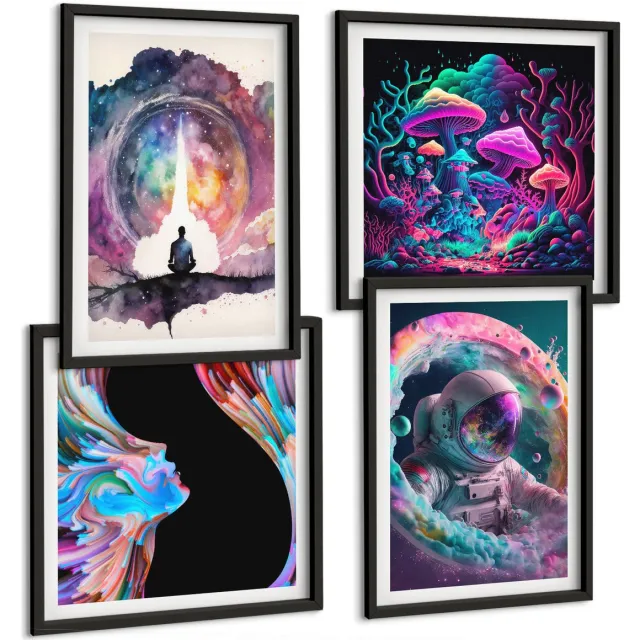 TULUP 4-Delige Schilderij Set - Kleurrijke fantasiekunstillustraties - 40 x 40 cm en 40 x 60 cm - Moderne Wanddecoratie - Slaapkamer - Muurdecoratie Zwarte lijst