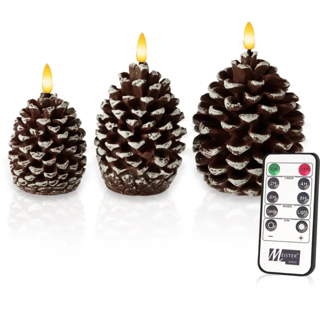 Meisterhome LED Kaarsen Dennenappels – 3-delige Set – Echte wax - met Flikkerend Warm Wit Licht – Timer & Afstandsbediening – Batterij – Kerstdecoratie Bruin