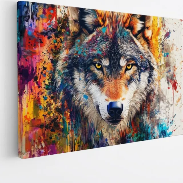 Saammp Canvas Schilderij - Kleurrijke Wolf - Abstract - Dieren - Natuur - 40x30 - Foto op canvas - Wanddecoratie - muurdecoratie Woonkamer - Slaapkamer decoratie - Canvas Print Multicolor