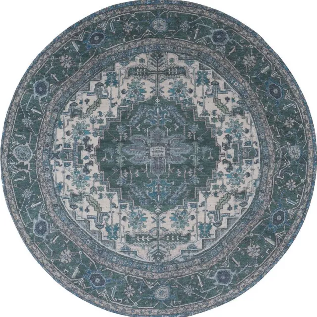 Veer Carpets Vloerkleed Heris Green 10 Rond ø200 cm - Laagpolig Vloerkleed – Vintage / Klassiek Design Groen