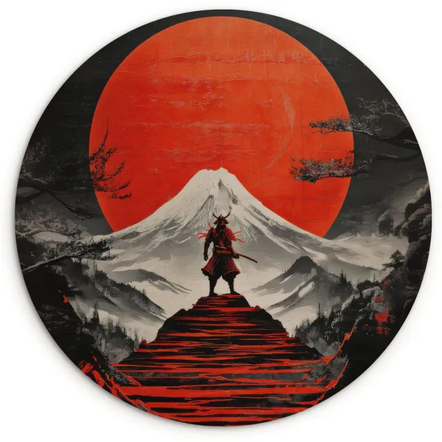 WallCircle Wandcirkel 140x140 cm - Muurcirkel Krijger - Rode trappen - Zon - Berg - Muurdecoratie woonkamer - Wanddecoratie slaapkamer - Kamer decoratie accessoires - Ronde schilderijen Krijger - Zon - Berg