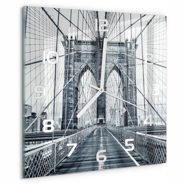 TULUP Wandklok - Brooklynbrug Gekleurde Glazen Klok - 30x30 cm - Zwart-wit Glazen Klok Met Print - Witte handen - Vierkante Klok - Moderne Wandklok Glas - Wandklok Glas Decoratie