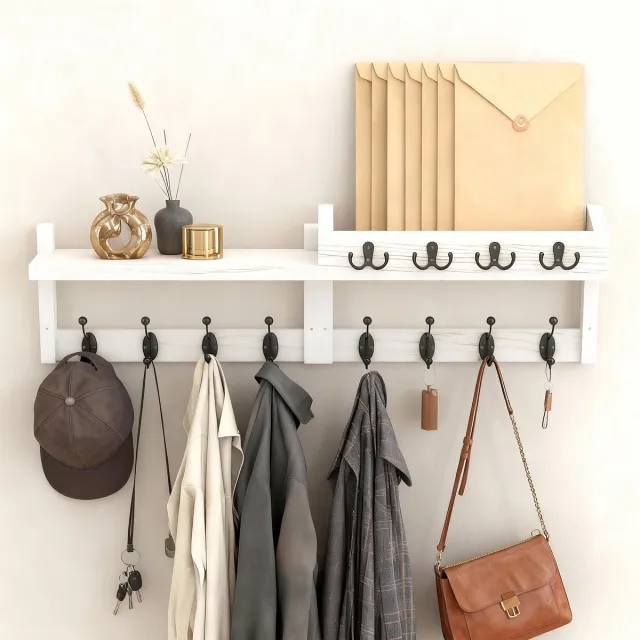 Soontrans Houten wandkapstok – kapstok met 8 kapstokhaken en 4 sleutelhaken, Wandgarderobes Met Plank, Set van 2 Wandrekken In één Pakket, Wandkapstok Minimalistisch Design Voor Slaapkamers en Gangen (Wit)