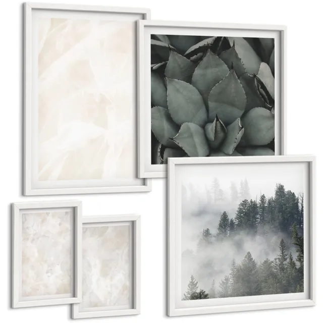 Coloray 5-Delige Schilderij Set - Pastelkleurige Stenen Structuren Van Wit Marmer - 50 x 50 cm, 20 x 30 cm En 40 x 60 cm - Wanddecoratie - Woonkamer Decoratie - Decoratieve Schilderijen Witte lijst
