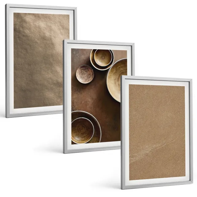 Coloray 3-Delige Schilderij Set - Stenen Constructies In Moderne Minimalistische Stijl - 40 x 60 cm - Stijlvolle Muurdecoratie - Slaapkamer Zilveren lijst