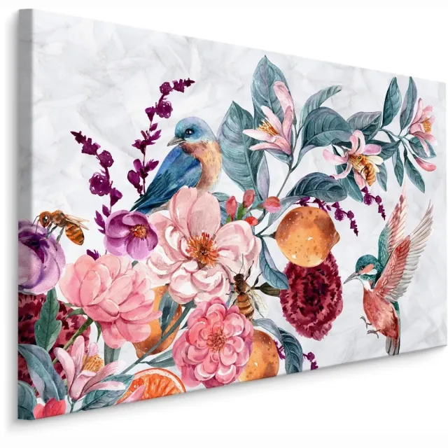 karo-art Schilderij - Bloemen en Kolibrie in Aquarel II (print op canvas), multi-gekleurd, 4 maten, wanddecoratie Multikleur