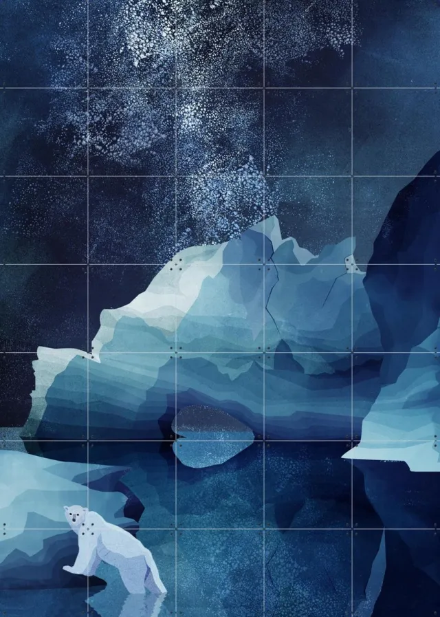 IXXI Polarbear By Night, Goed Blauw - 100 x 140 cm - Grote wanddecoratie en posters - Abstract, Digitale Kunst, Illustraties, Woonkamer, Slaapkamer Blauw / Donkere tinten