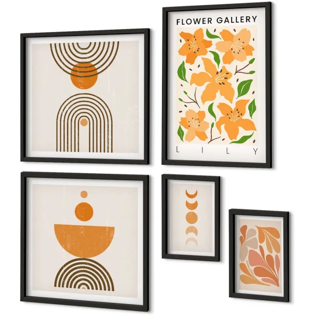Coloray 5-Delige Schilderij Set - Stijlvolle Afbeeldingen Met Bloemen En Geometrische Patronen - 50 x 50 cm, 20 x 30 cm En 40 x 60 cm - Stijlvolle Muurdecoratie - Kantoor Zwarte lijst