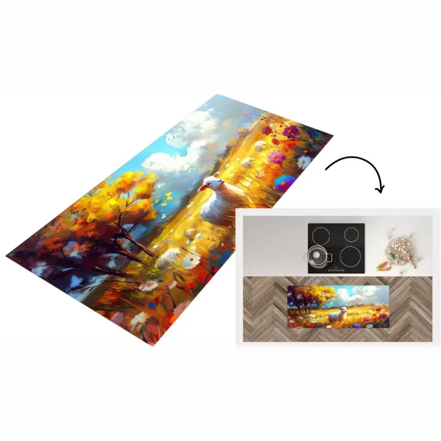 KitchenYeah Keukenloper - Keukenmat vinyl Schaap - Weide - Bloemen - Keukenmatten loper - Keuken vloerkleed tapijt