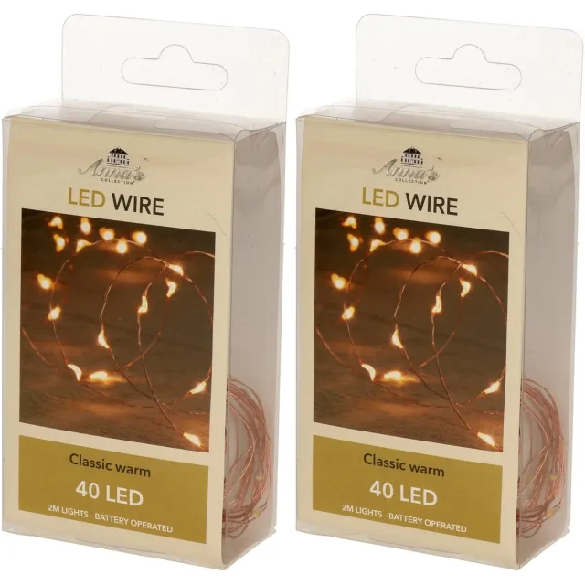 Anna's Collection Draadverlichting - 2x - lichtsnoer - koper - 40 led lampjes - warm wit - 200 cm - batterij